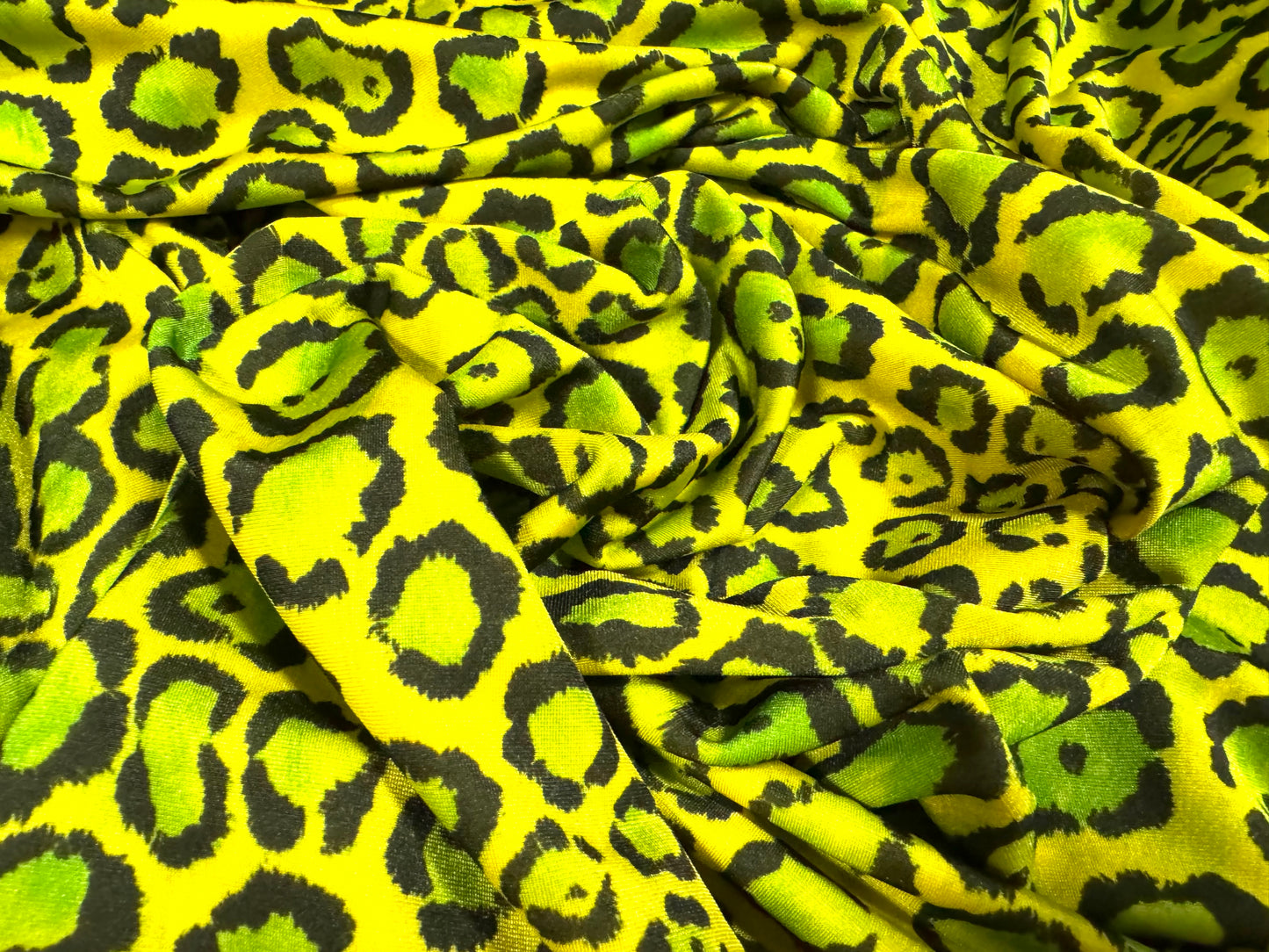 Swimwear stretch spandex jersey fabric, per metre - stylised cheetah print - yellow & green