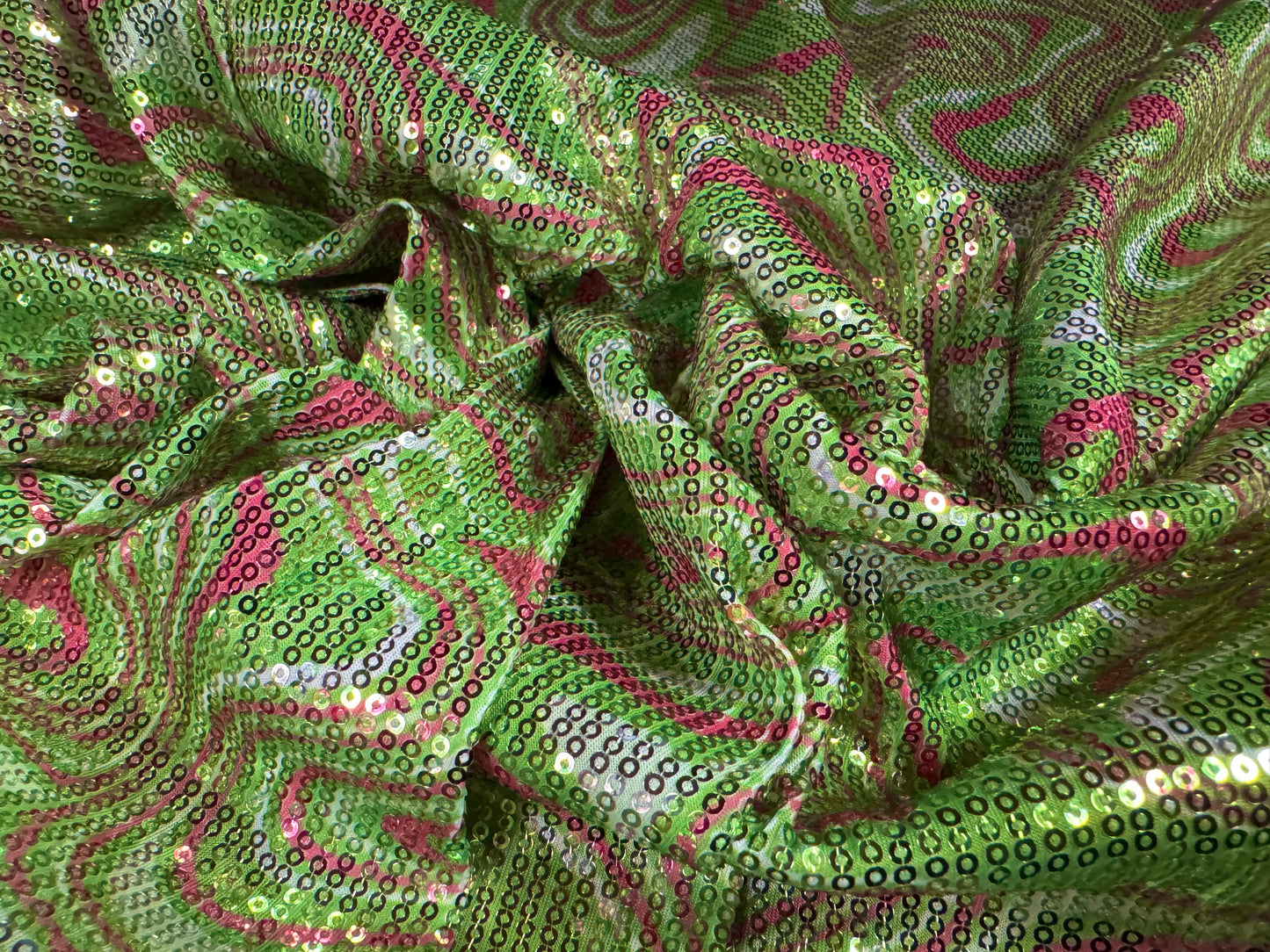 Couture dress fabric with sequins, per metre - swirl design - green & pink