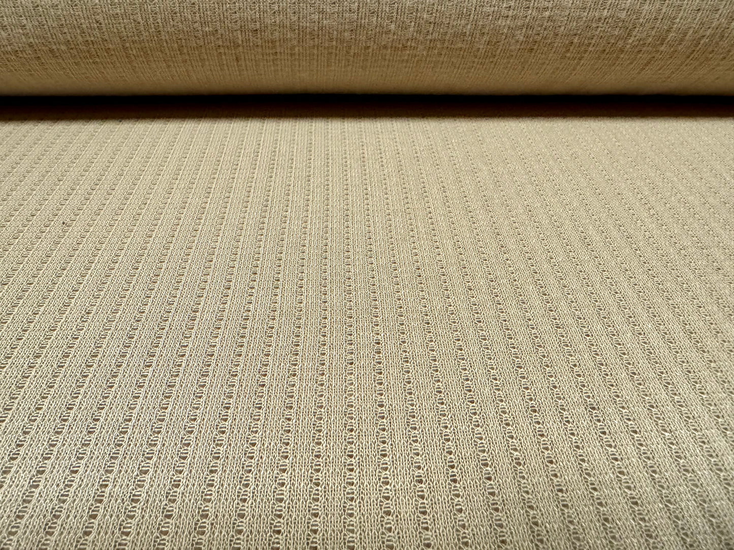 Soft knitwear jersey fabric with needle-out stripe, per metre - beige
