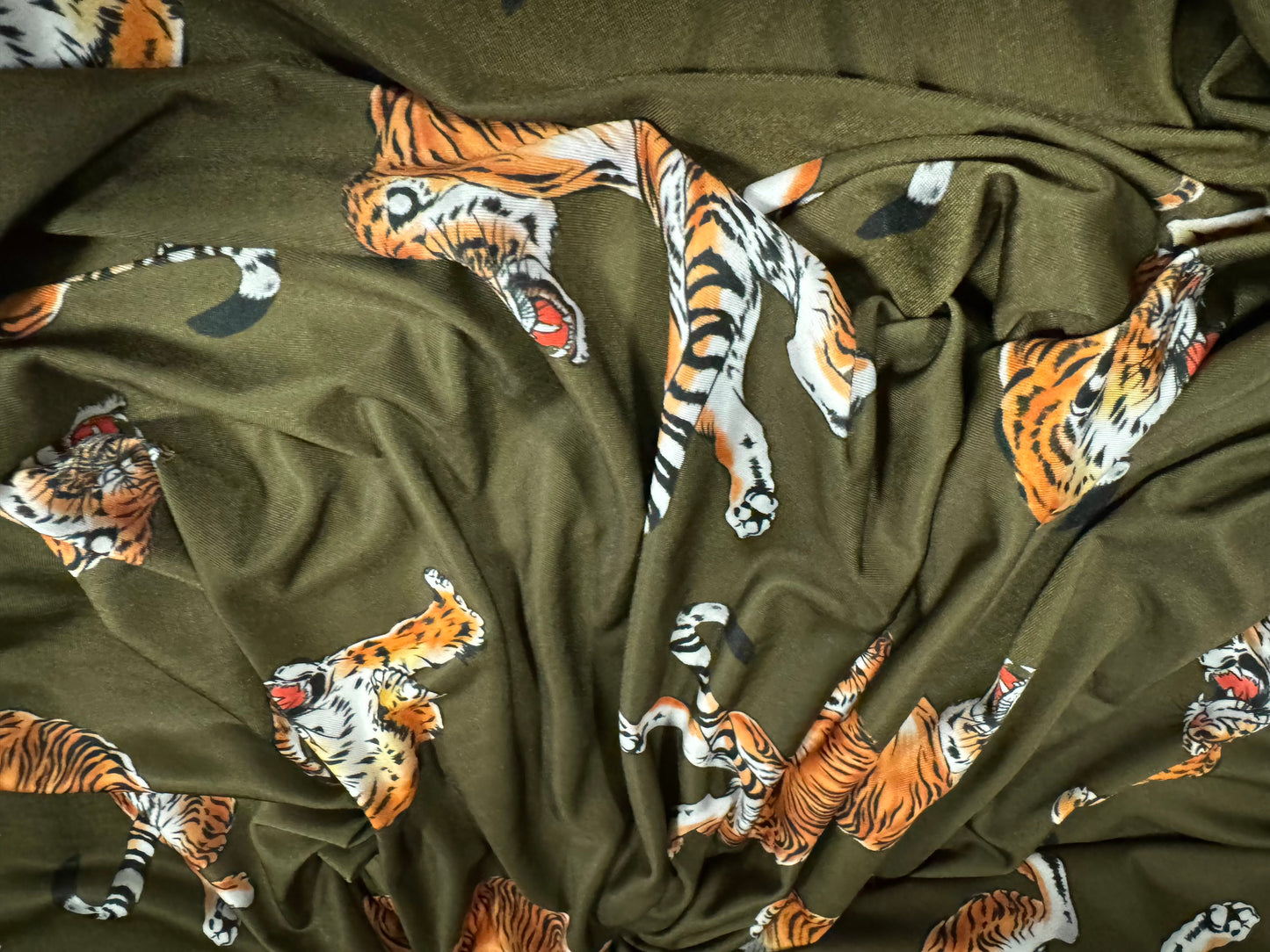 Soft touch stretch spandex single jersey fabric, per metre - tiger print - khaki & orange