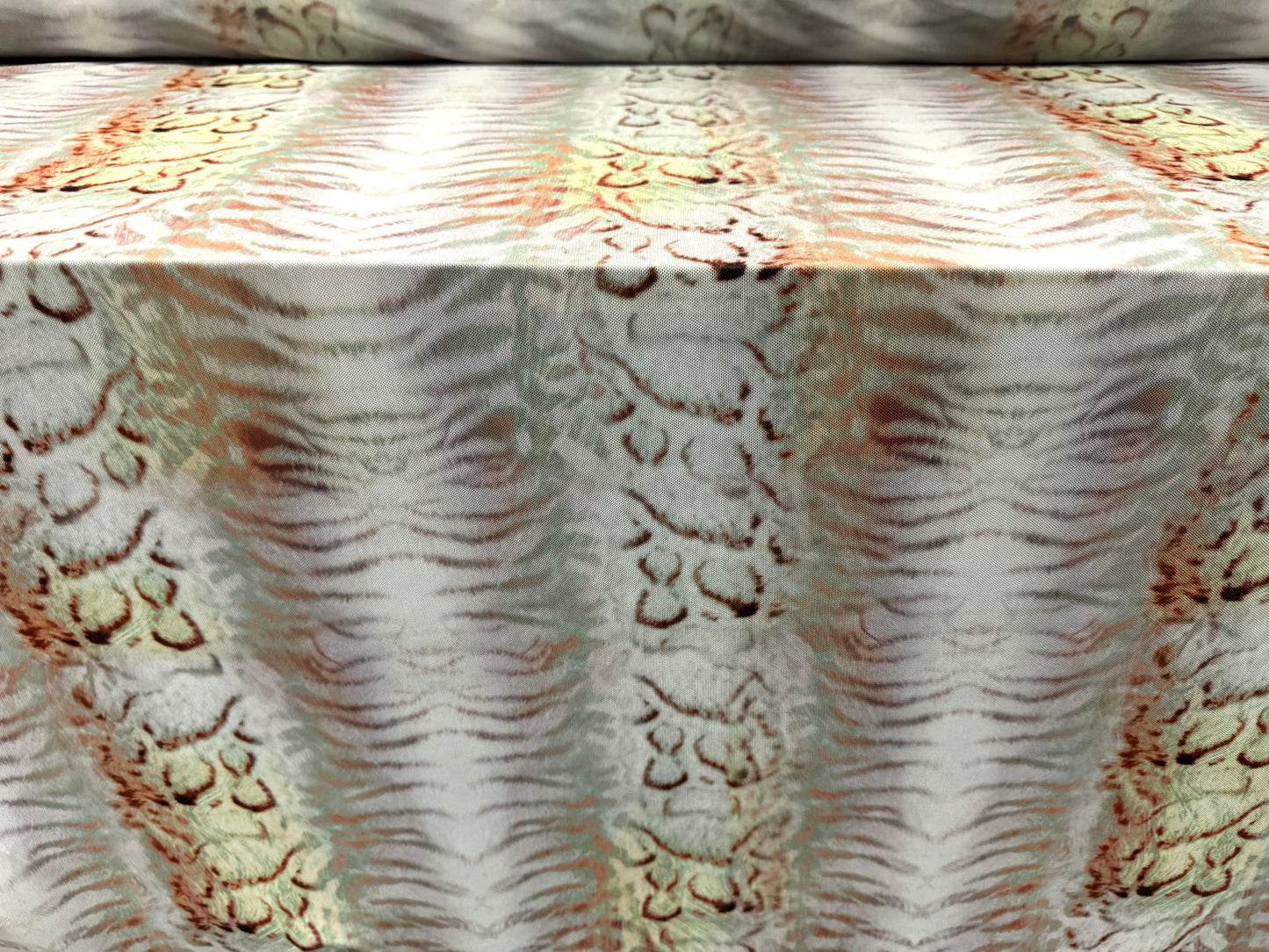 Power mesh net stretch spandex fabric, per metre - snakeskin & tiger illusion print - pastel green & ivory
