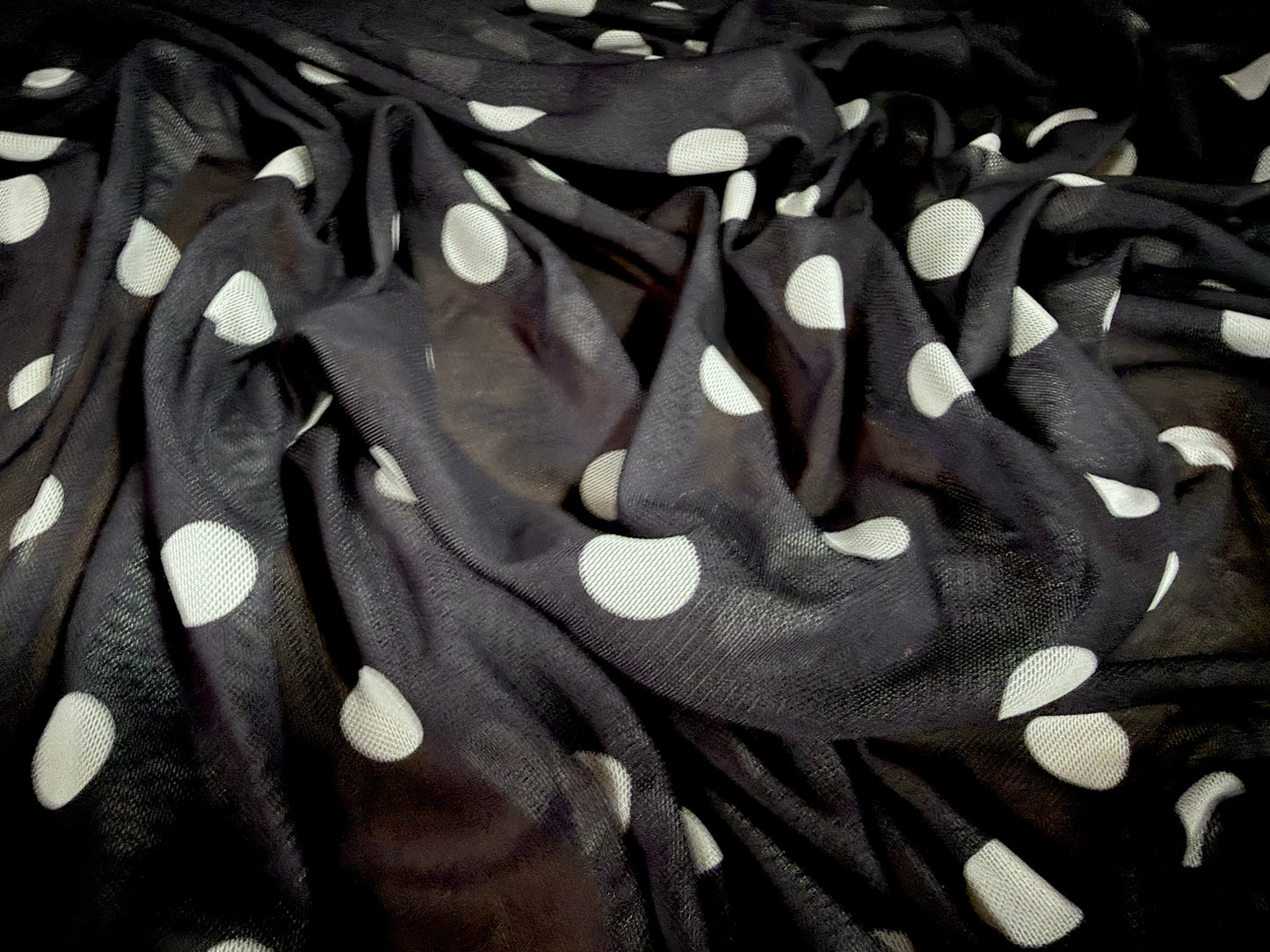 Power mesh net stretch spandex fabric, per metre - polka dot print - black & white