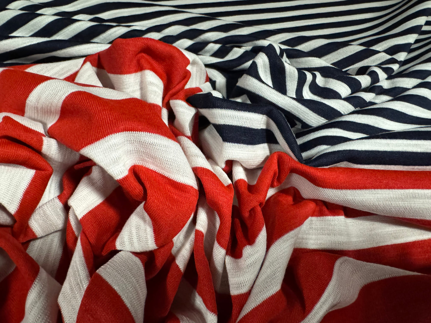 Viscose blend single jersey fabric, per metre - multi stripe - navy white & red