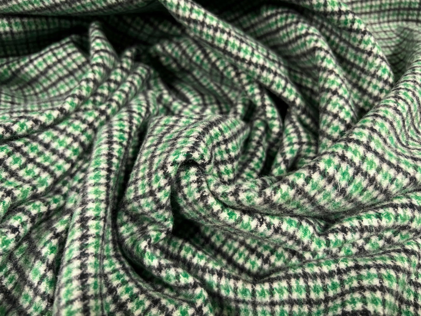 Wool mouflon coat jacket fabric, per metre - country check plaid - green & grey
