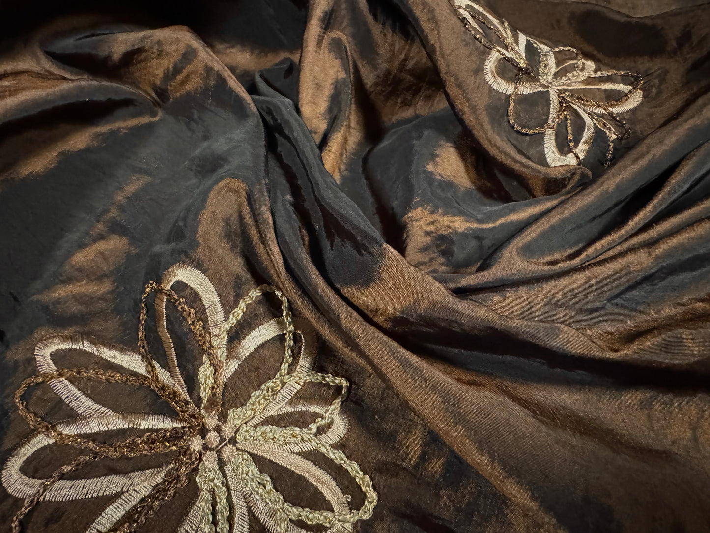 Taffeta faux silk fabric, per metre - metallic embroidered flowers - dark brown & gold