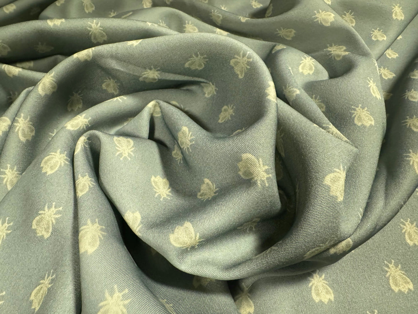 Crepe backed sateen woven dress fabric, per metre - bee print - sage green