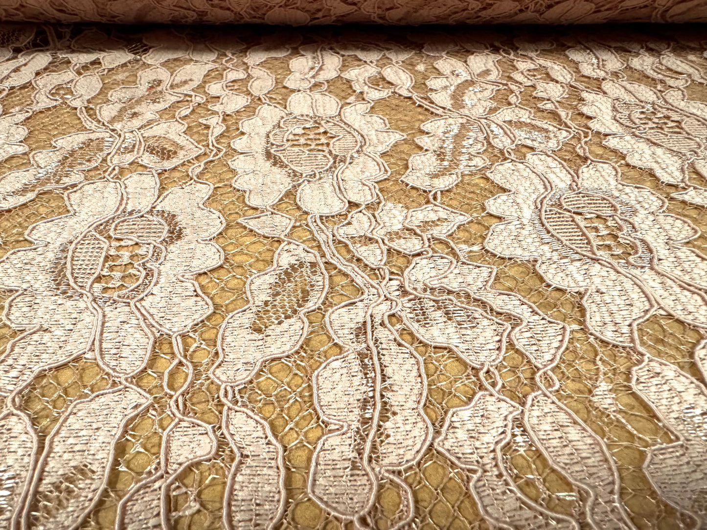 Heavy corded Alencon lace dress fabric with scalloped selvedge, per metre - floral - nude