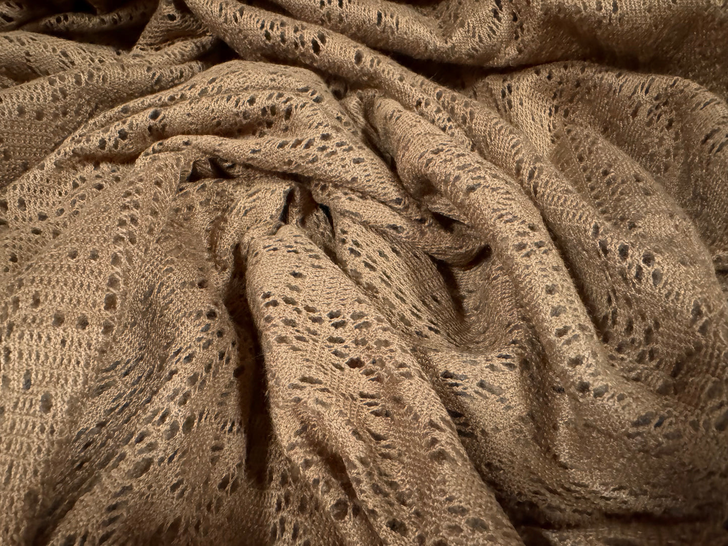 Soft handle crochet lace knit fabric, per metre - floral - mid brown