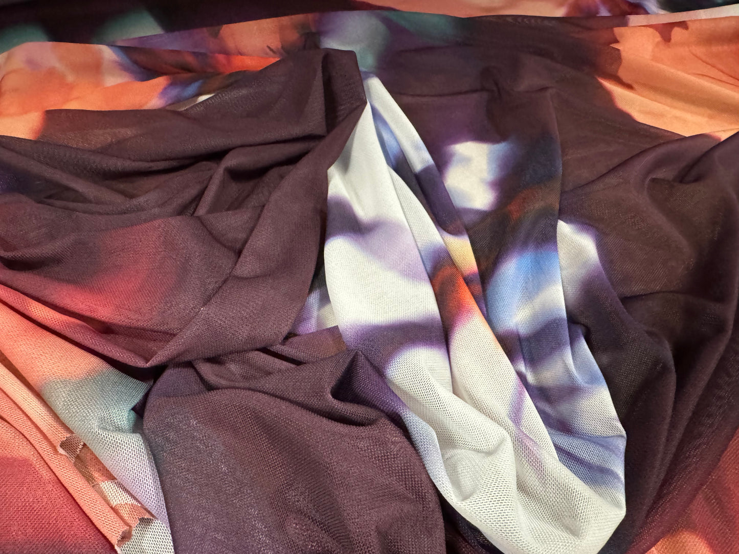 Power mesh net stretch spandex fabric, per metre - smudge flower print - aubergine & peach