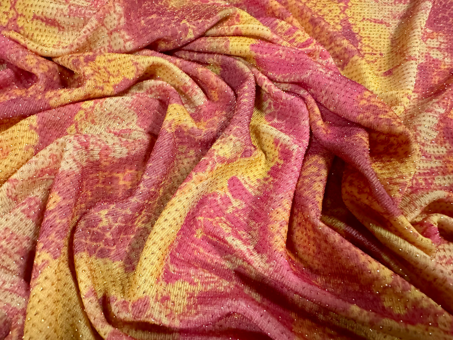 Metallic slinky spandex stretch jersey fabric with gold lurex, per metre - snakeskin animal print - pink & gold