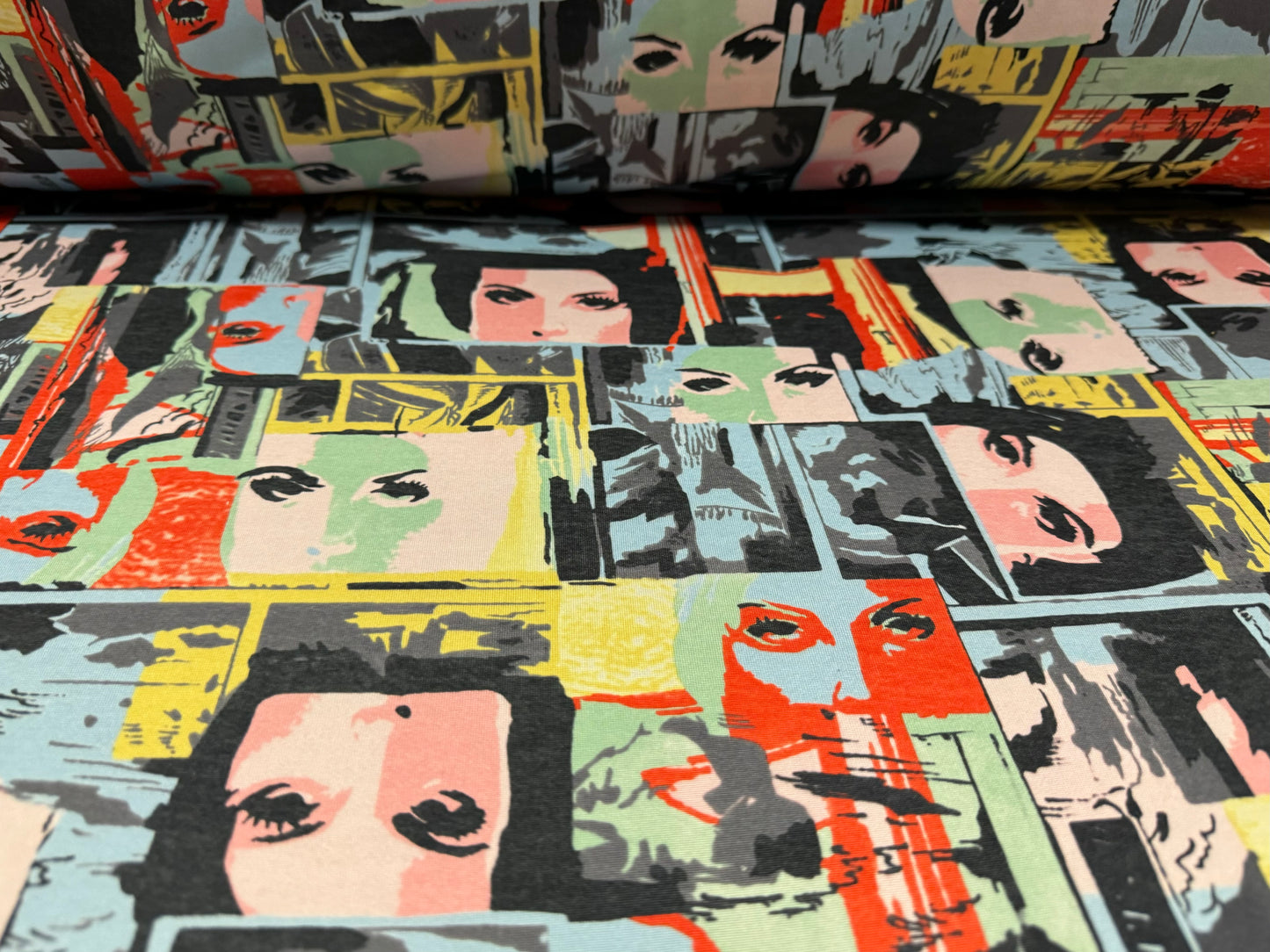 Stretch spandex single jersey fashion fabric, per metre - portraits of women print - multicolour