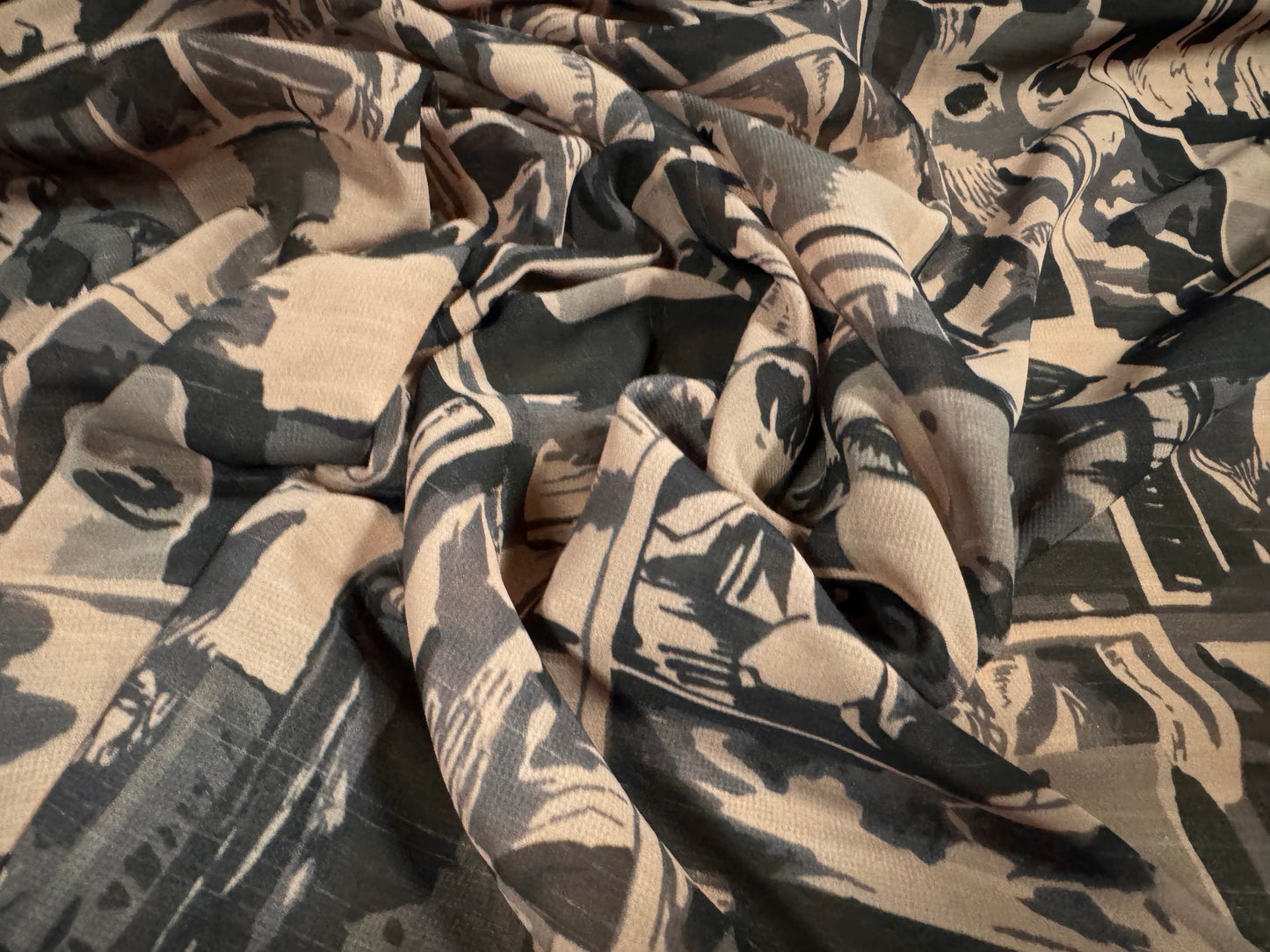 Chiffon woven dress blouse fabric, per metre - The Eyes Of A Woman print - nude