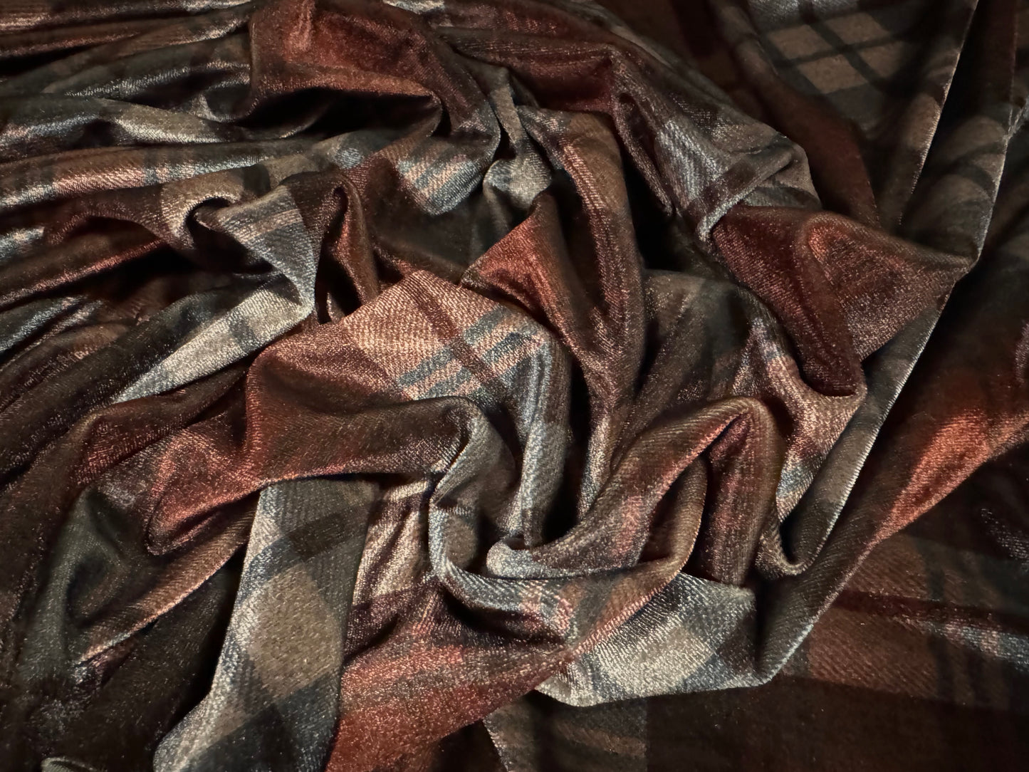 Spandex velvet stretch dress fabric, per mere - tartan check print - rust & taupe