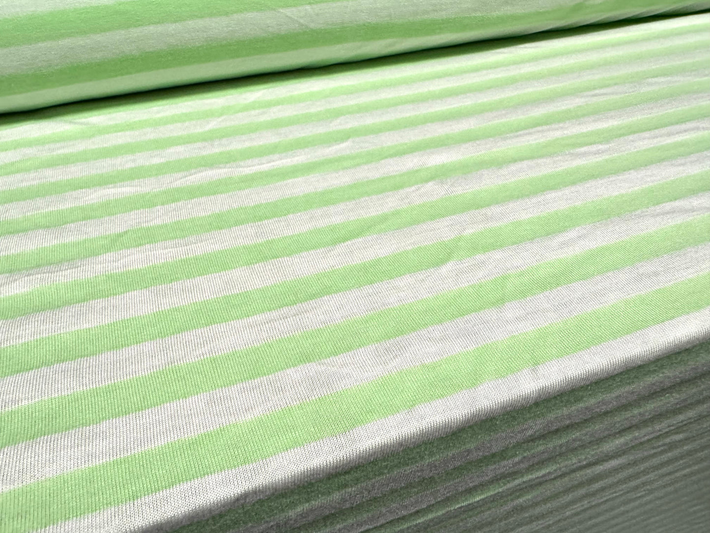 Viscose spandex stretch single jersey fabric, per metre - stripe - pastel green & white