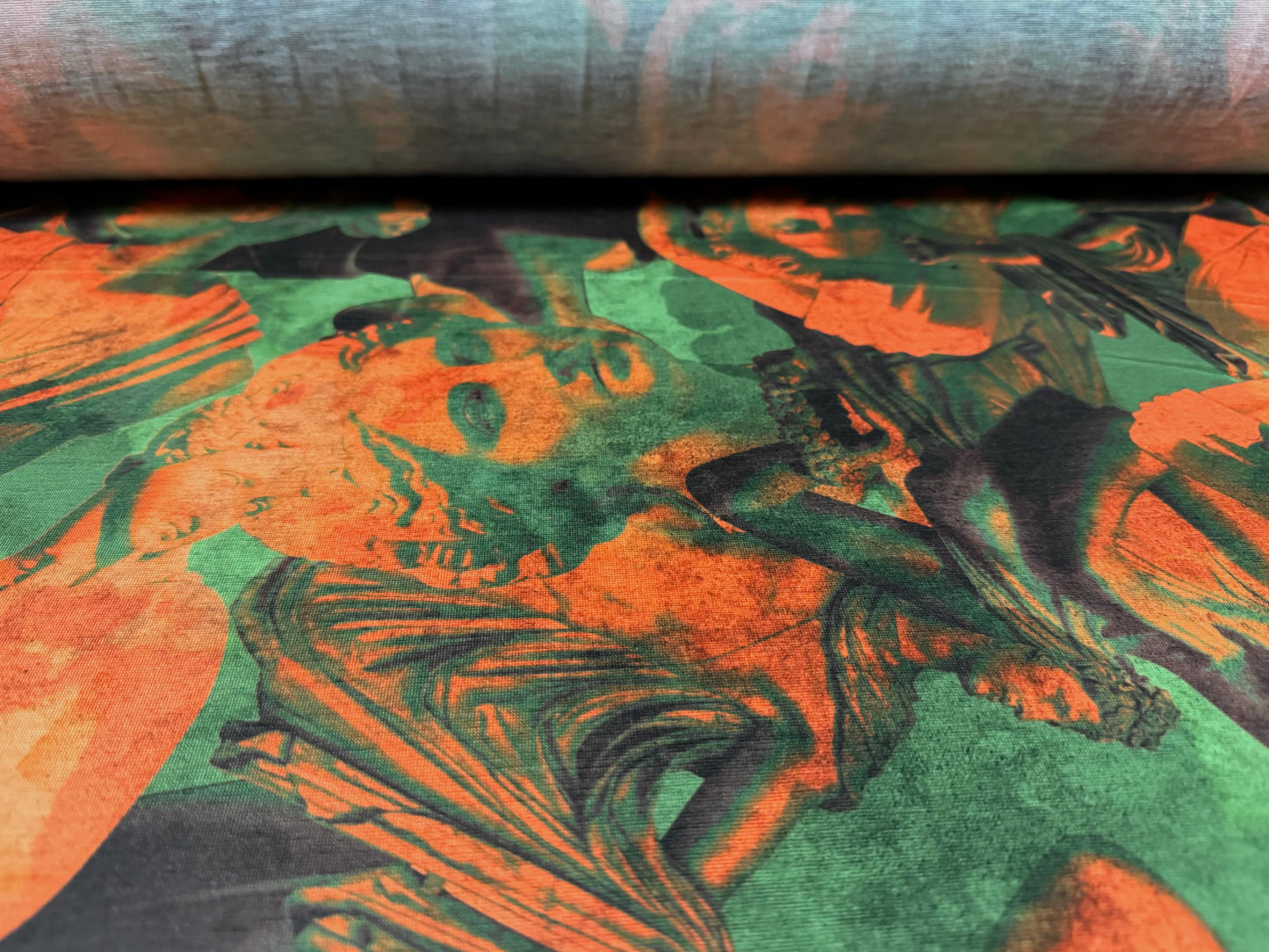 Soft handle stretch single jersey fashion fabric, per metre - Greek Goddess print - orange & green