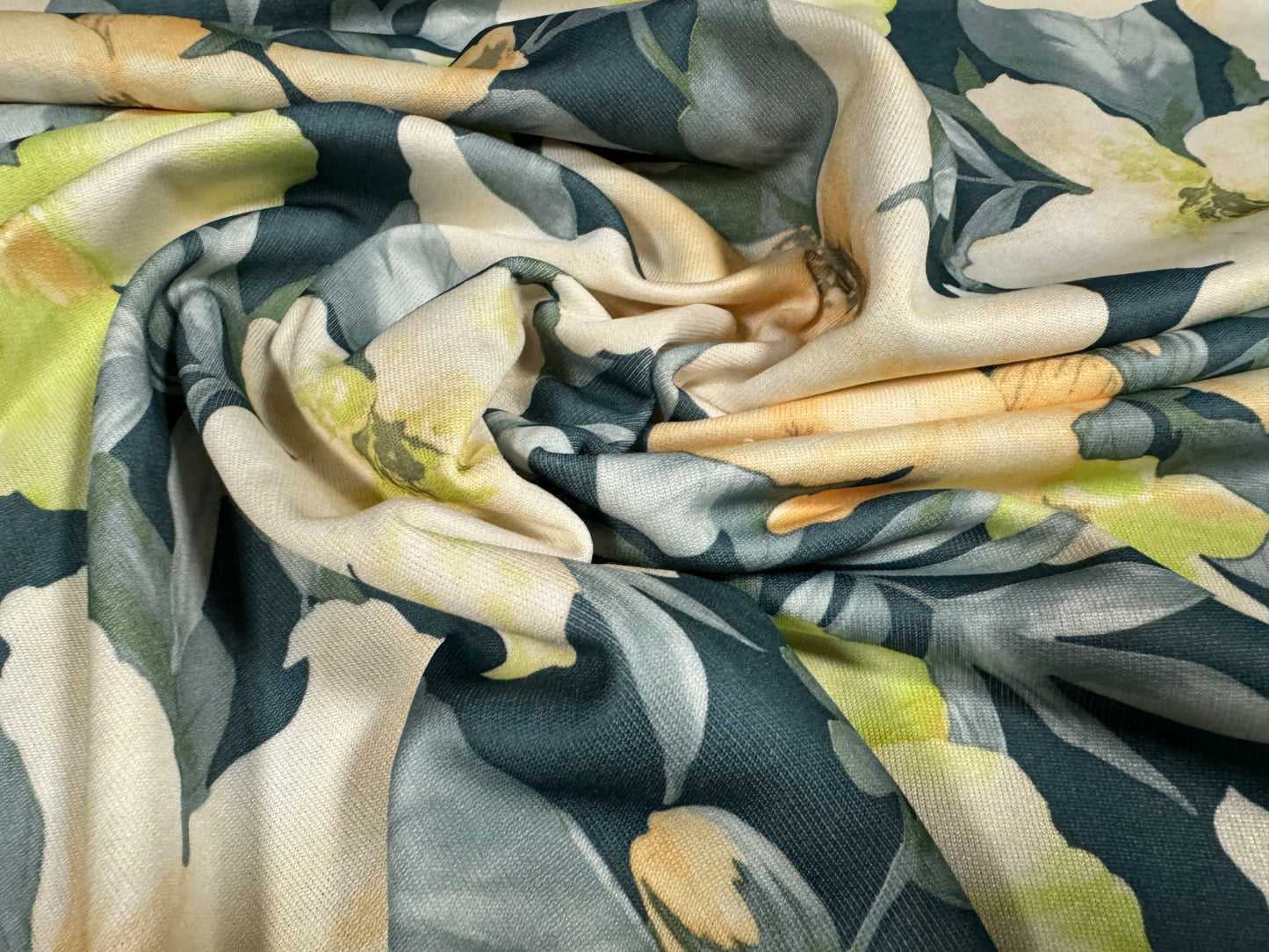 French Terry loopback sweatshirt jersey fabric, per metre - lily flower print - peach & teal