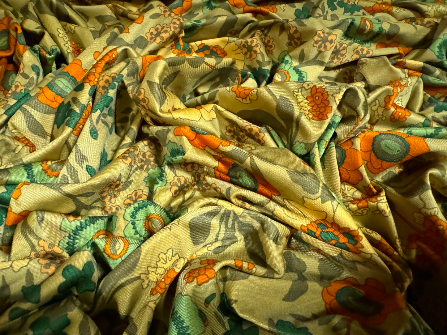 ITY stretch spandex single Jersey fabric, per metre - floral print - saffron orange & turquoise