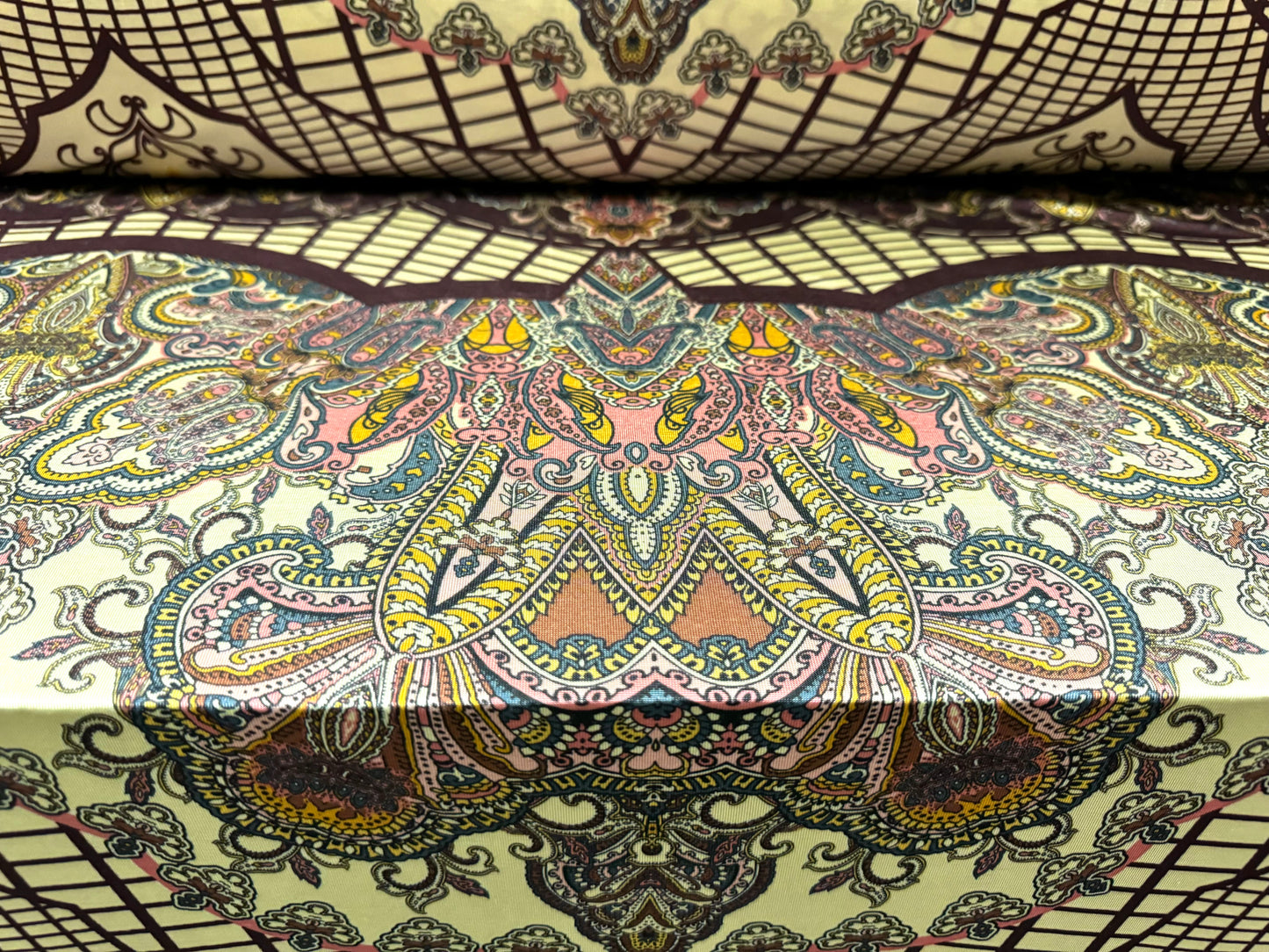 Soft touch stretch spandex single jersey fabric, per metre - scalloped paisley print - purple & pale green