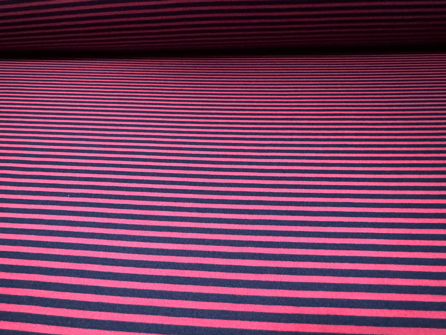 Viscose spandex stretch single jersey fabric, per metre - Breton stripe - navy & cerise pink