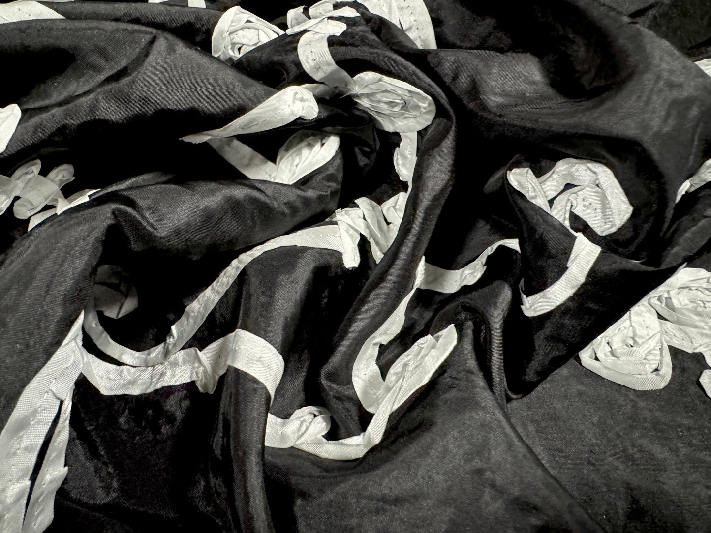 Taffeta faux silk fabric - floral ribbon appliqué - black & white
