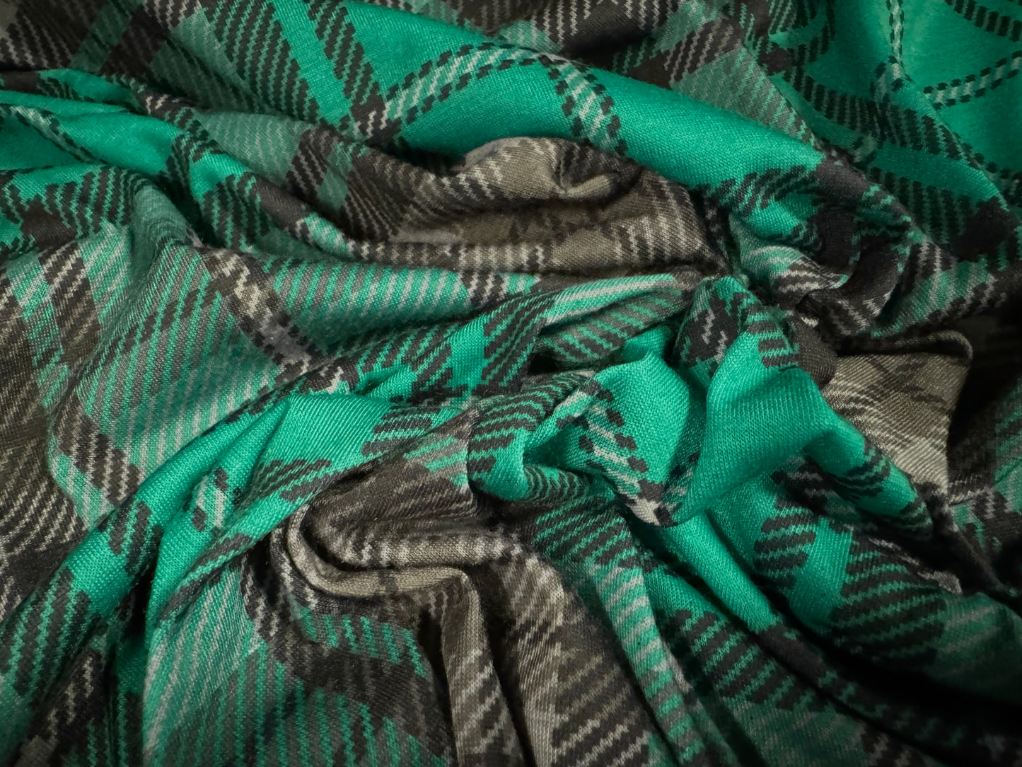 Soft handle single jersey fabric, per metre - tartan print - emerald green & grey