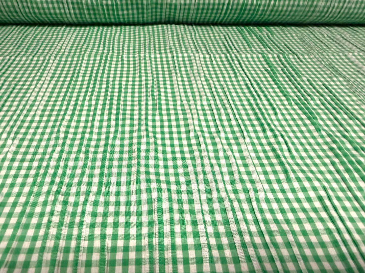 Stretch cotton crinkle weave fabric, per metre - gingham - emerald green