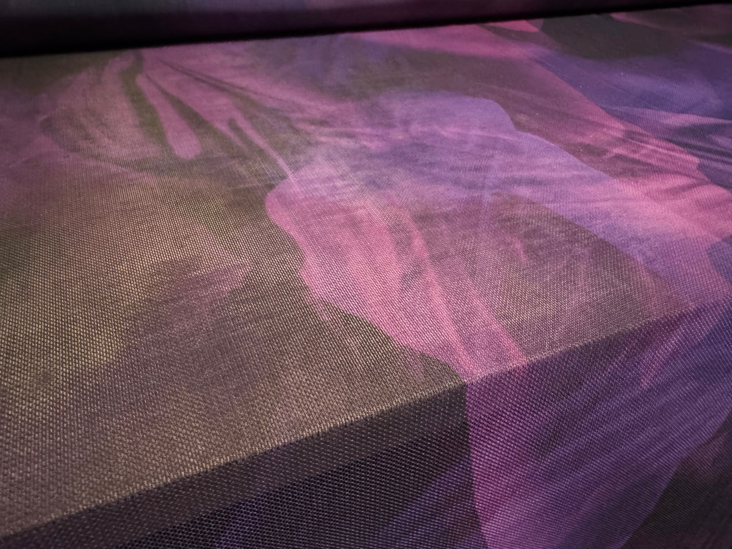 Power mesh net stretch spandex fabric, per metre - stylised flower print - purple & lilac