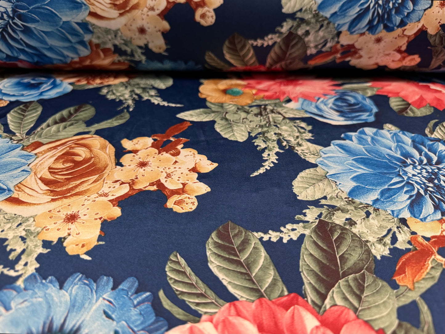 Soft touch stretch spandex single jersey fabric, per metre - Carnation Bouquet print - blue pink & beige