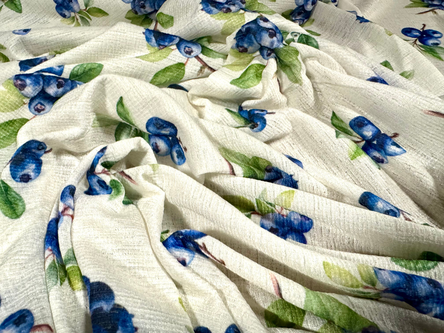 Stretch cheesecloth weave fabric, per metre - blueberry print - ivory