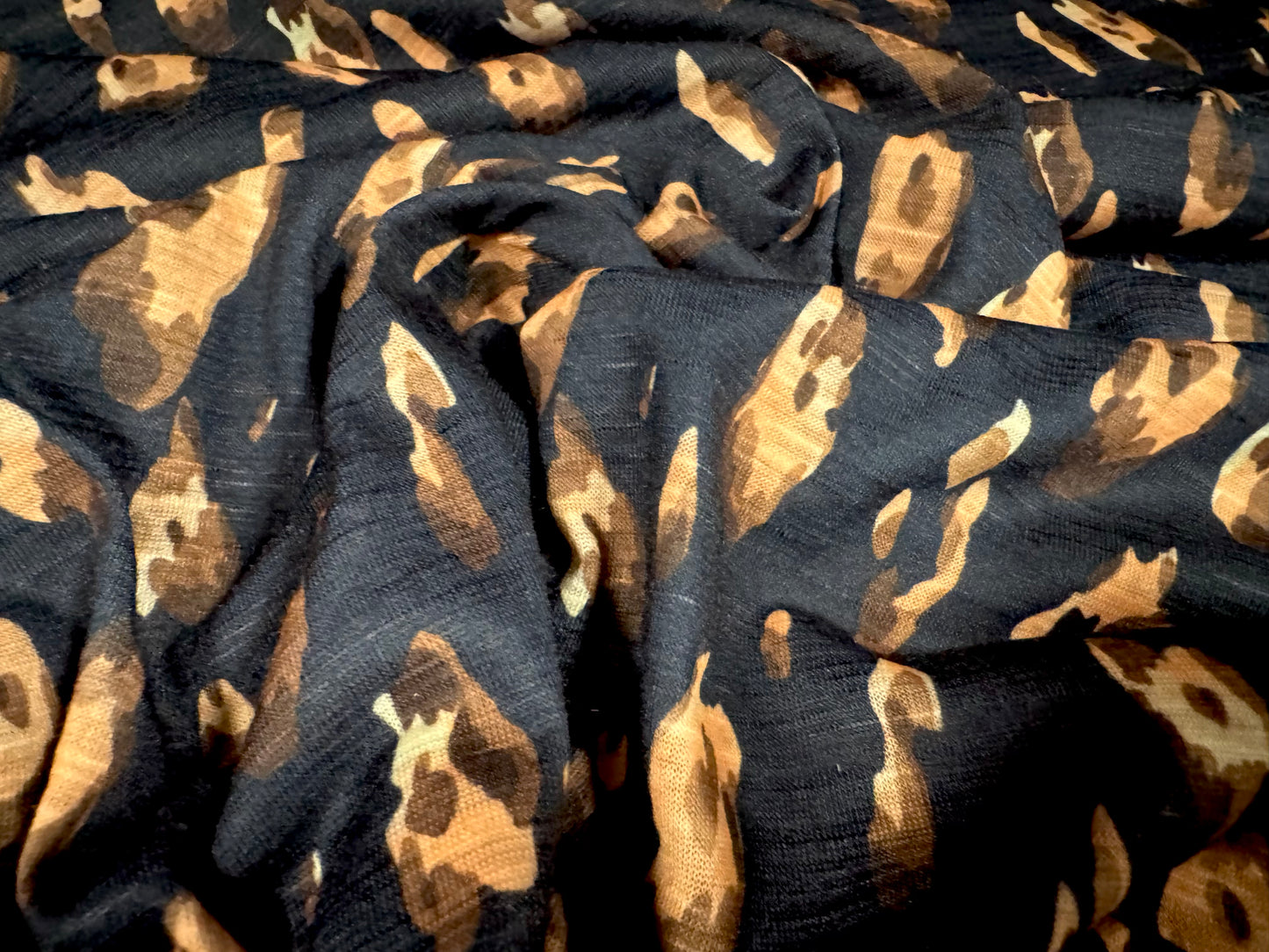 Single jersey fashion fabric with slub, per metre - animal print - black & peach