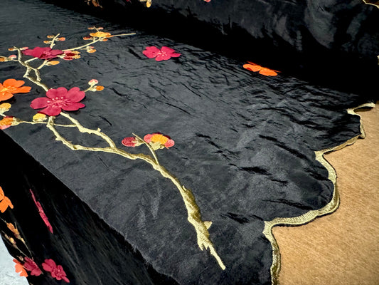 Taffeta faux silk fabric, per metre - embroidered blossom appliqué border - black
