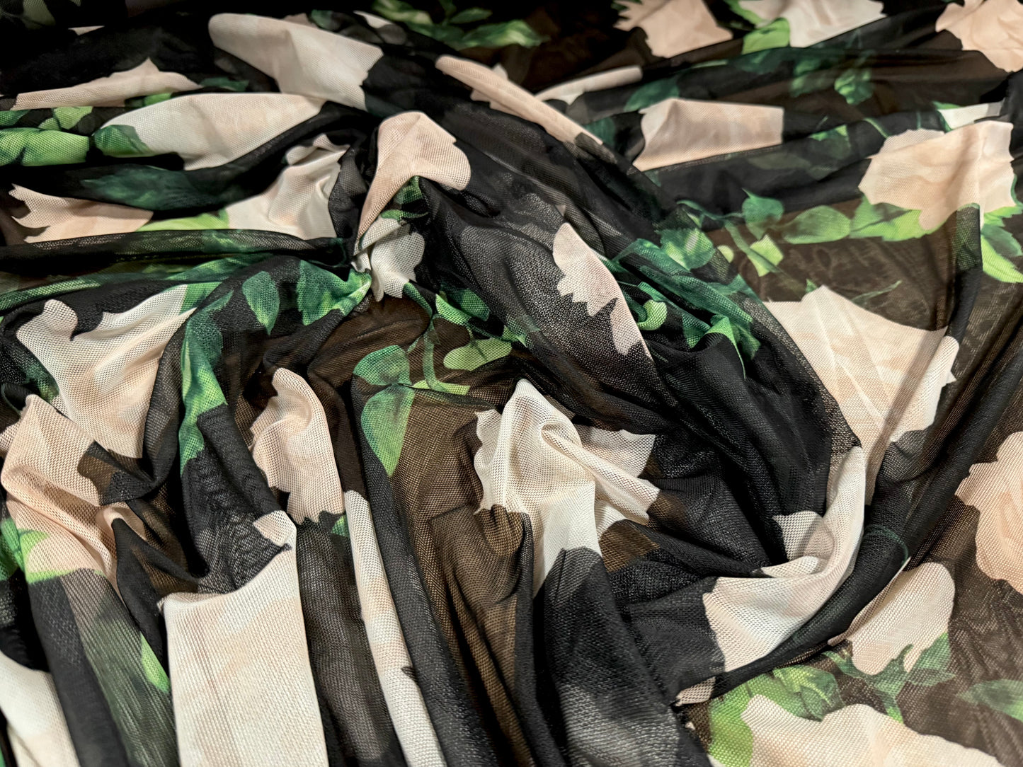 Power mesh net stretch spandex fabric, per metre - Large rose flower print - black & blush