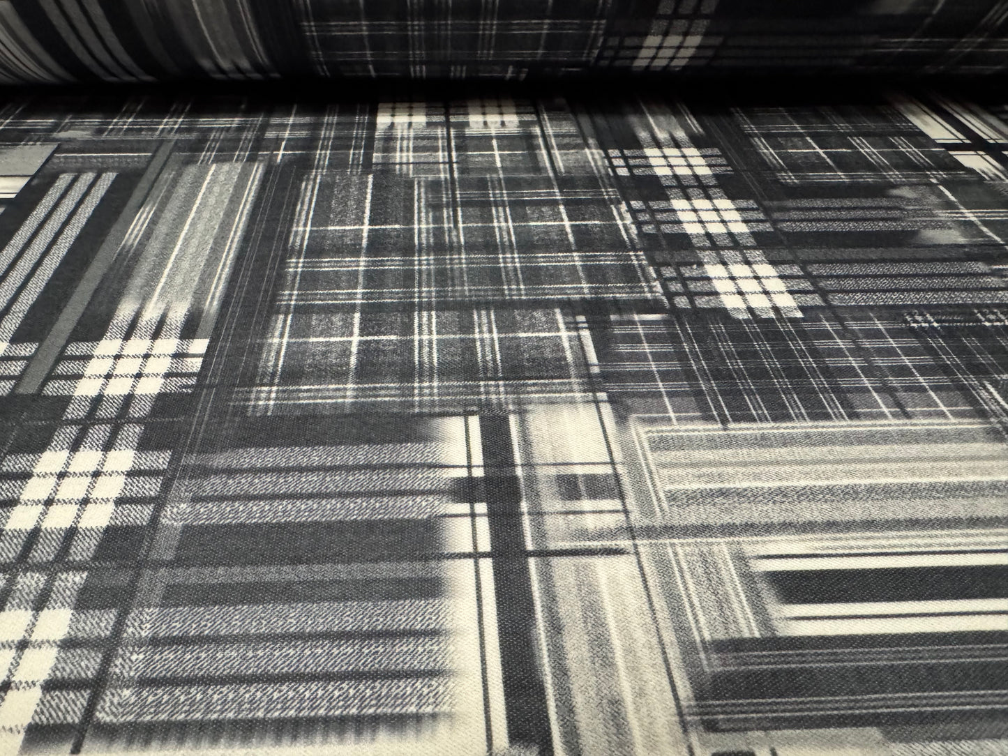 Double jersey upholstery fabric, per metre - geometric check print - grey