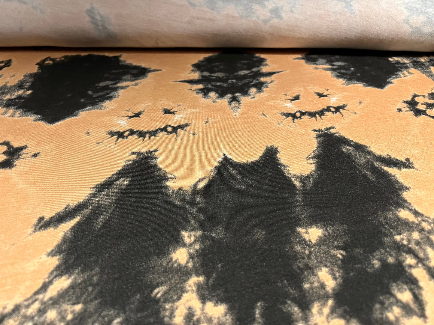 Viscose spandex stretch single jersey fabric, per metre - tie dye print - caramel