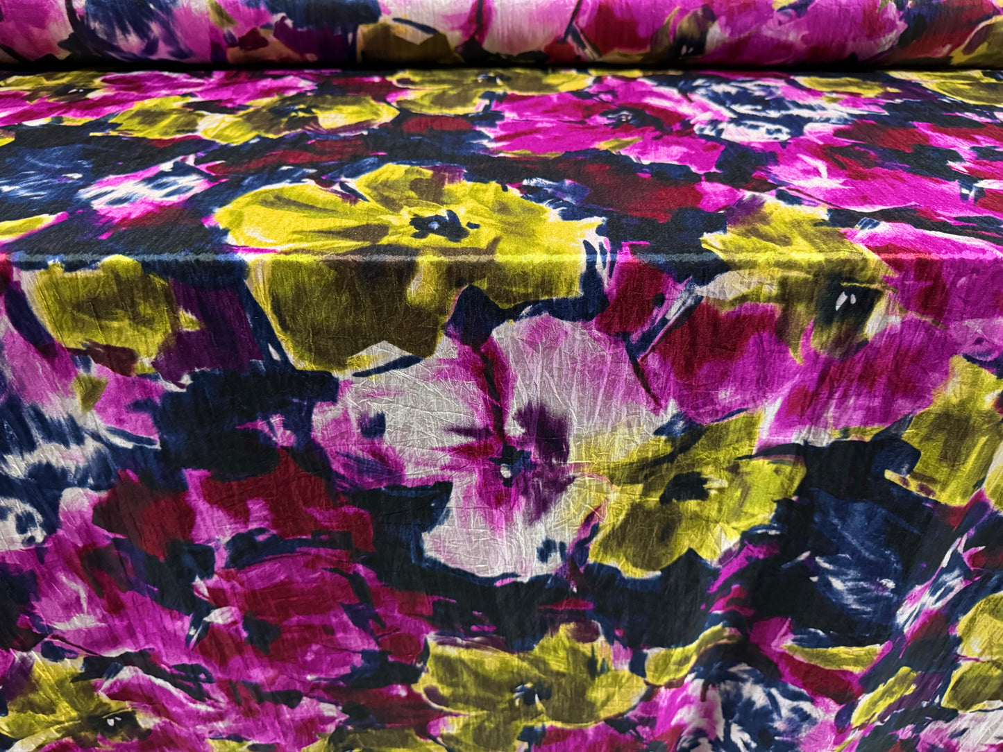 Taffeta faux silk fabric - floral print - navy magenta & chartreuse