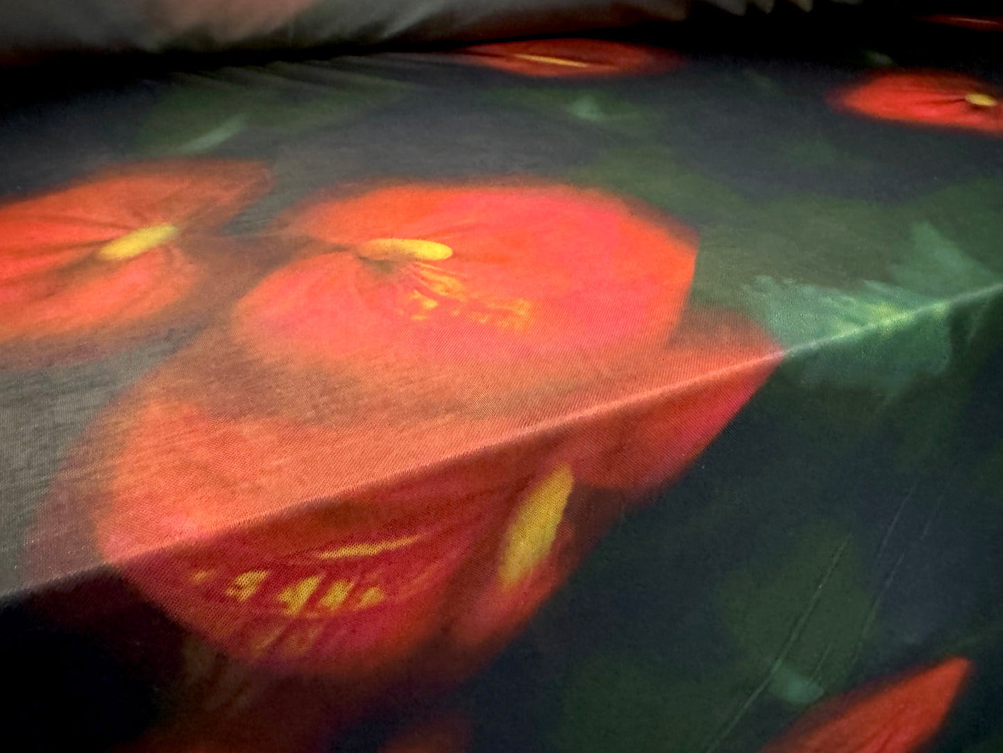 Power mesh net stretch spandex fabric, per metre - jumbo orchid floral print - black bottle green & red