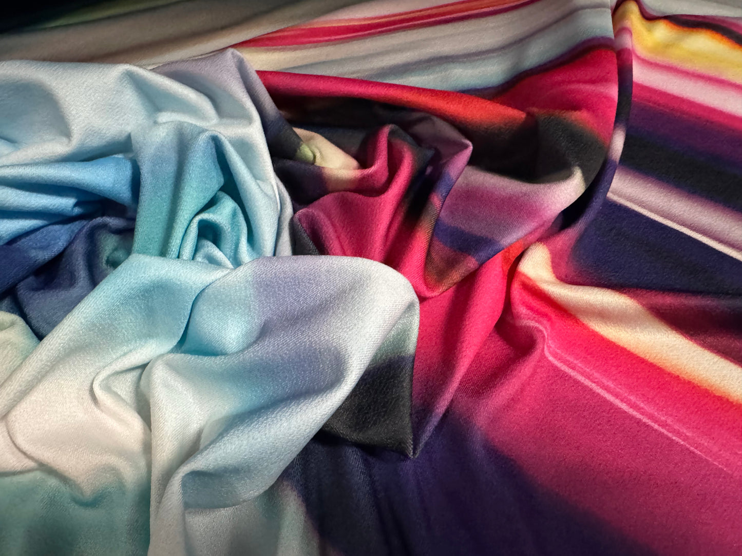 Stretch spandex crepe single jersey dress fabric, per metre - prism print - multicolour