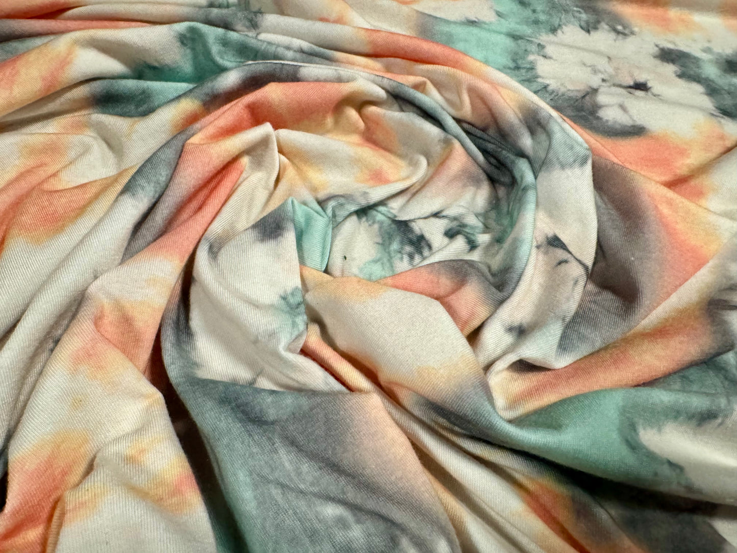 Soft handle stretch single jersey fabric, per metre - tie dye floral print - aqua & peach