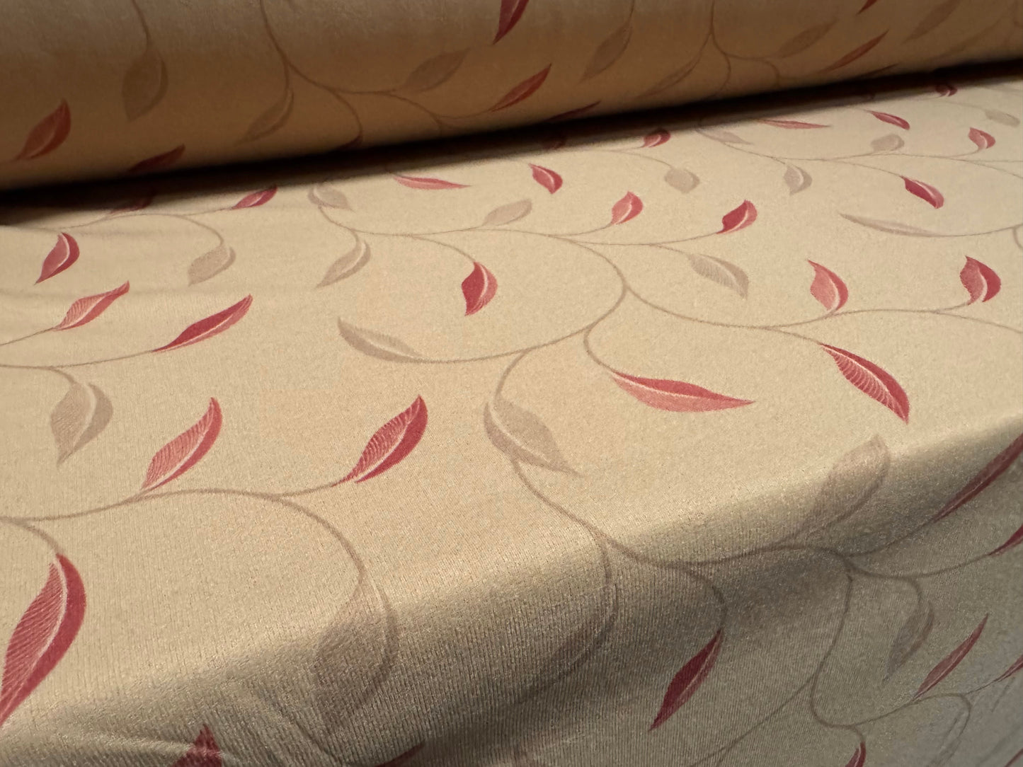 Single jersey mousse fabric, per metre - leaf print - light brown & wine