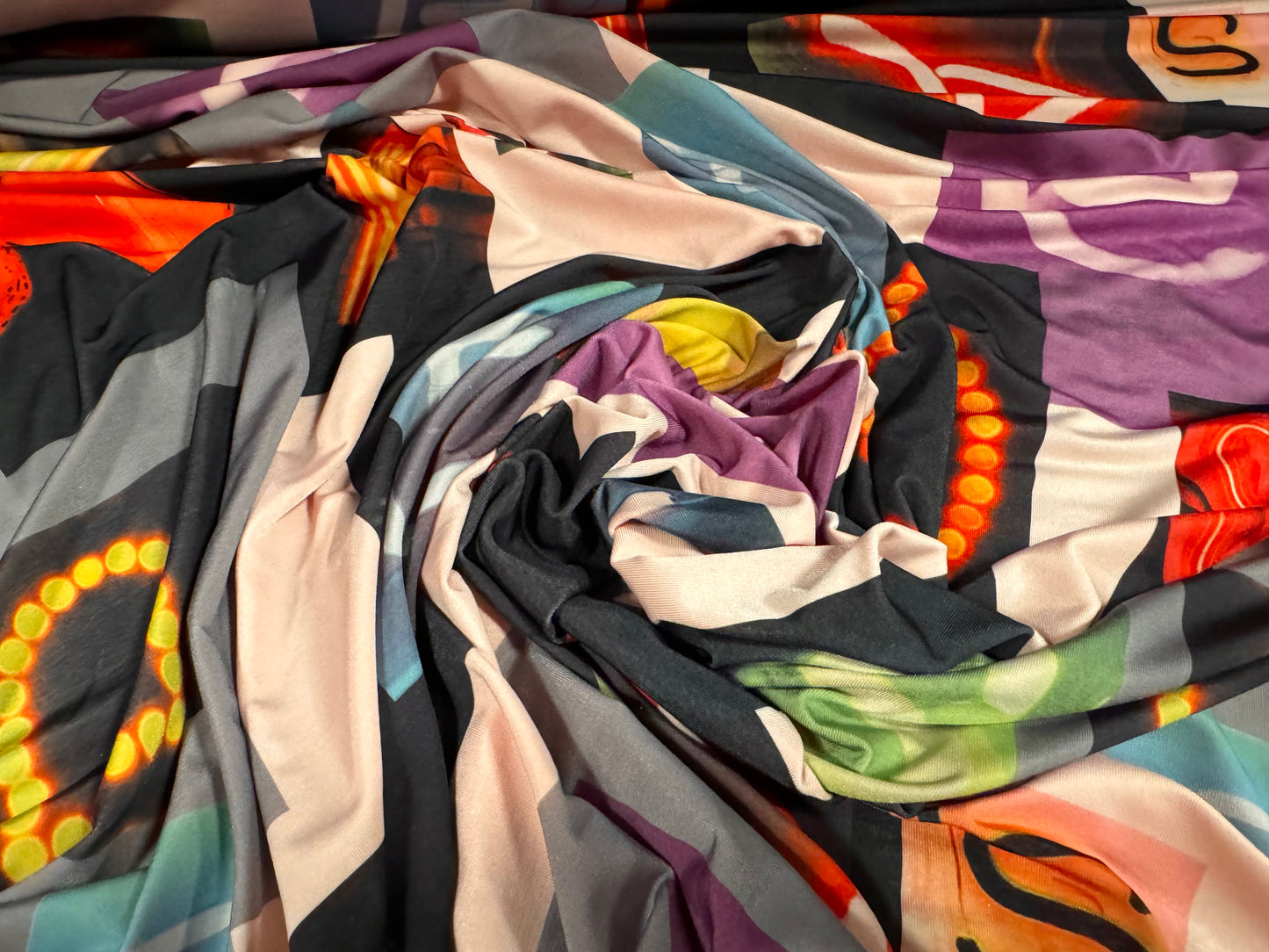 Soft touch stretch spandex single jersey fabric, per metre - neon sign letters print - multicolour