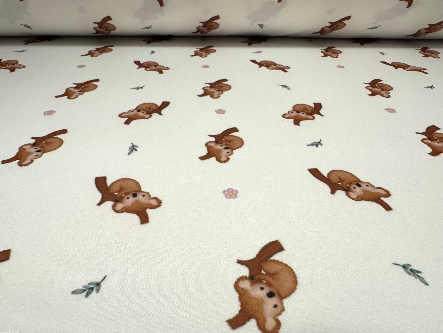 Scuba stretch spandex double jersey fabric, per metre - koala bear print - white & brown