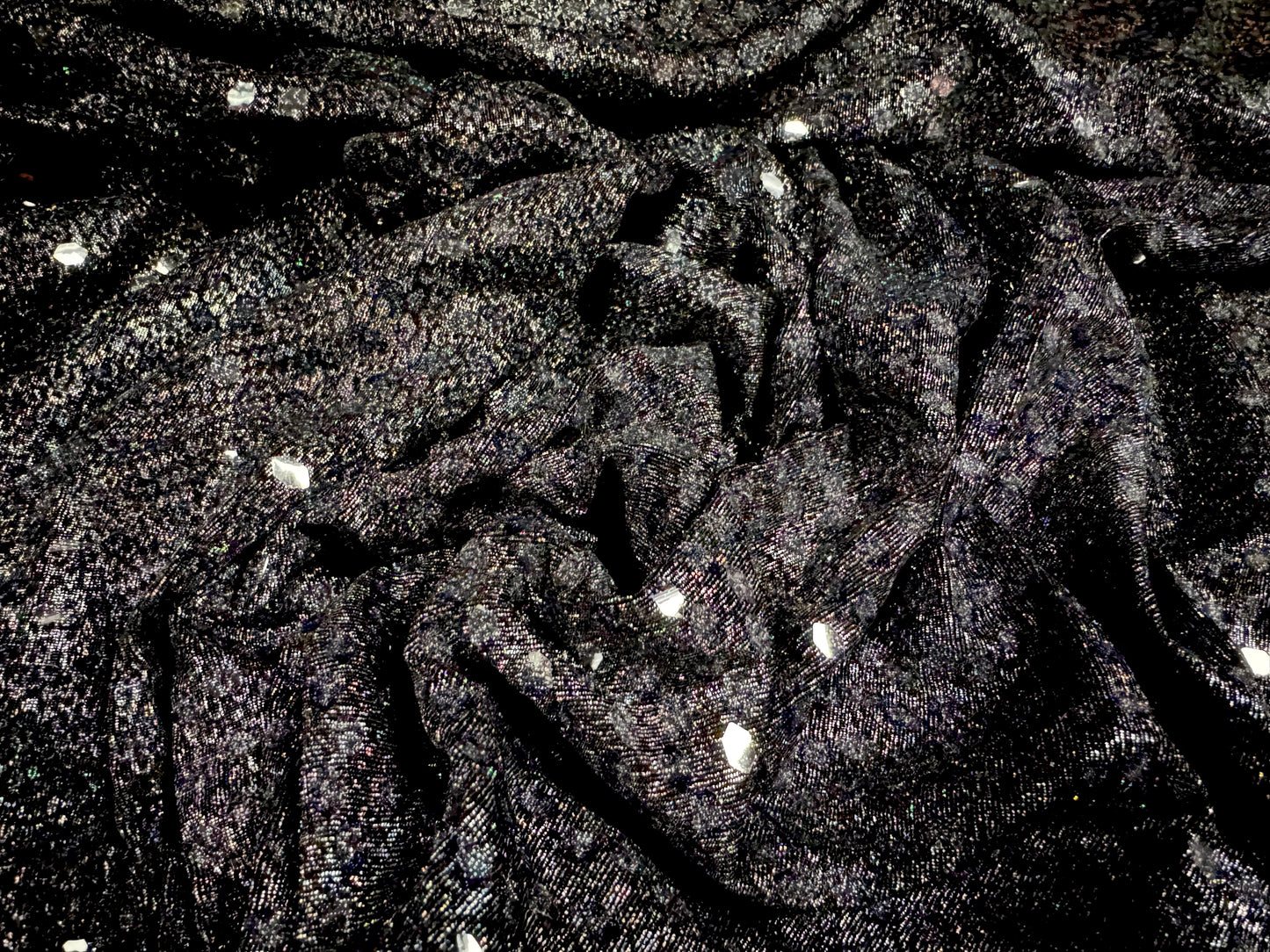 Metallic slinky stretch spandex jersey fabric, per metre - black with clear sequins
