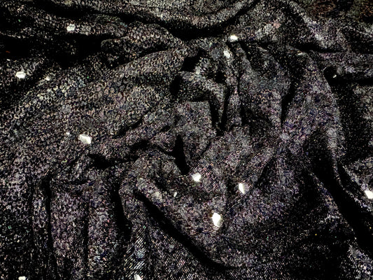 Metallic slinky stretch spandex jersey fabric, per metre - black with clear sequins