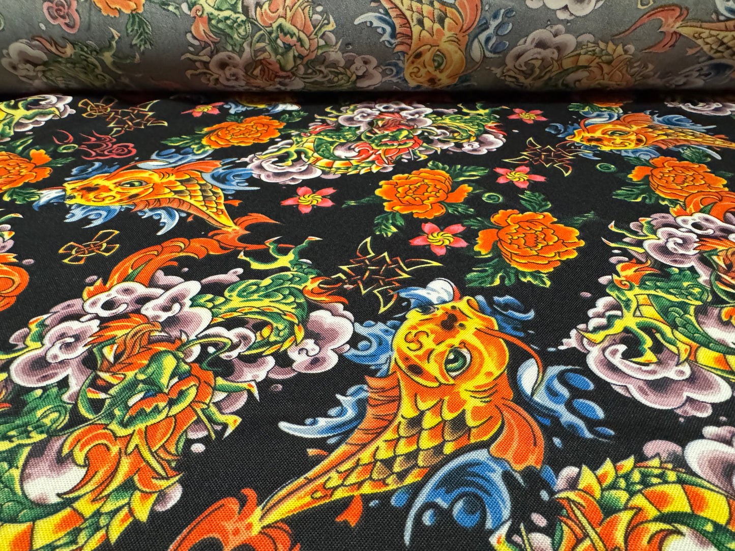 Panama woven fashion fabric, per metre - The Carp & The Dragon Gate print - multicolour