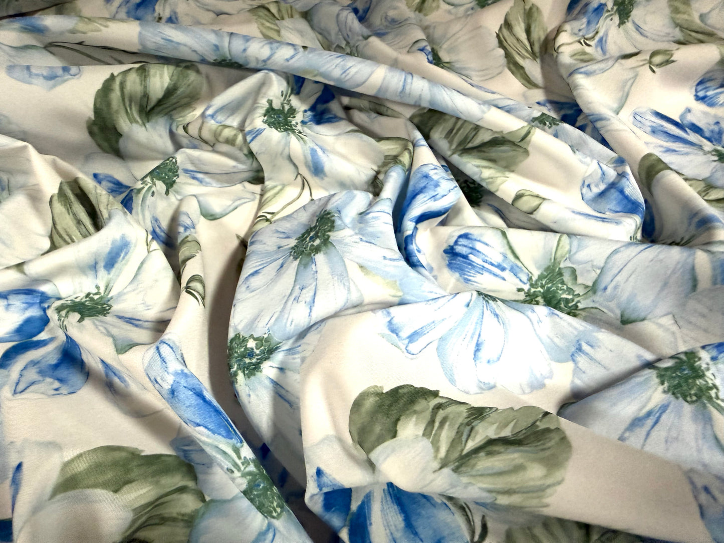 Pongee woven dress fabric, per metre - floral print - pastel blue & white