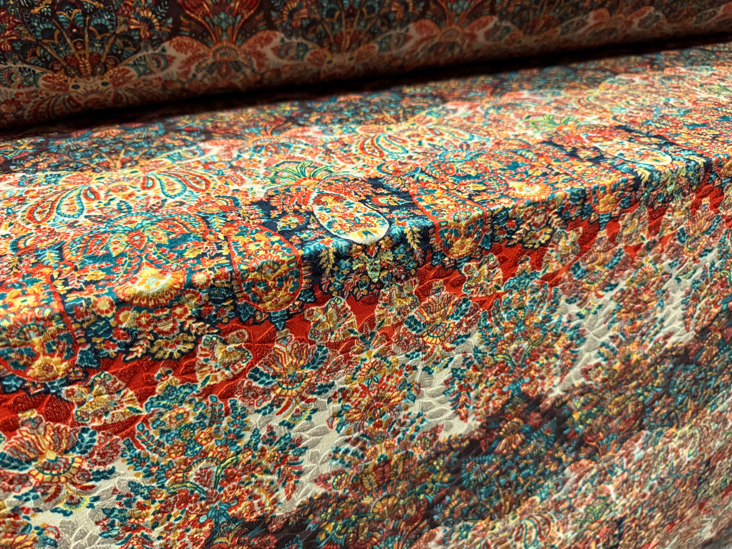 Stretch spandex jersey jacquard fabric, per metre - stylised paisley print - cream orange & turquoise