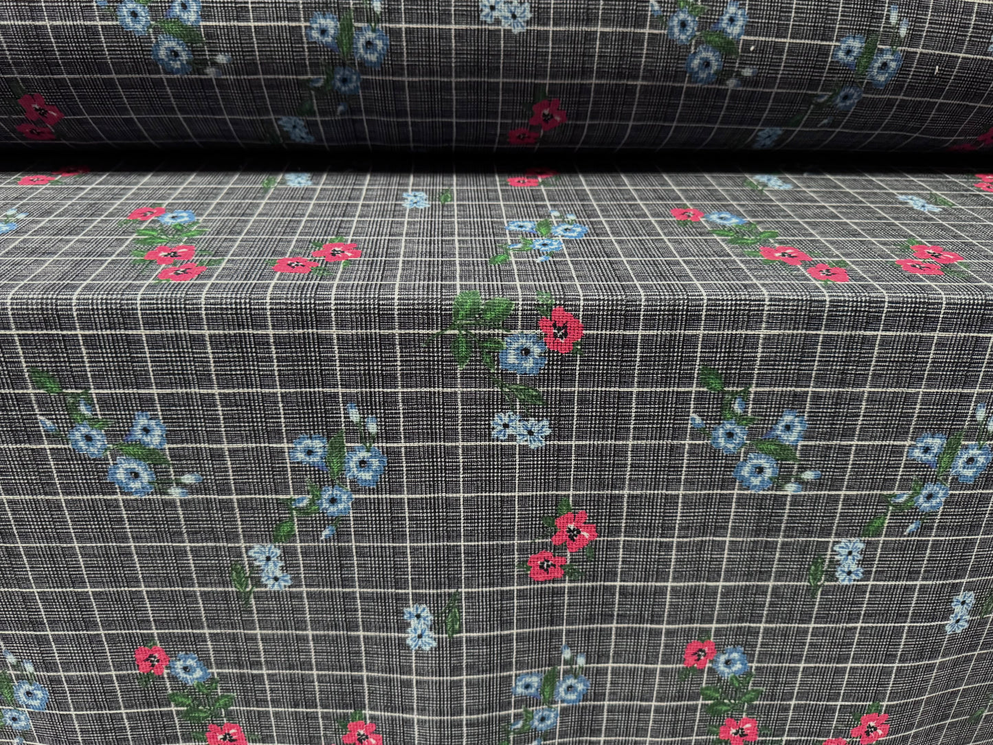 Chenille upholstery fabric, per metre - floral check print - denim blue