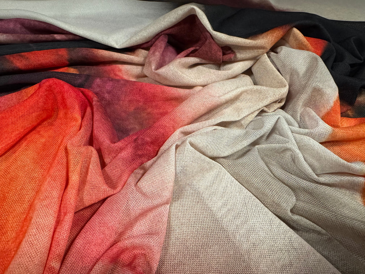 Power mesh net stretch spandex fabric, per metre - abstract print - cream black & orange