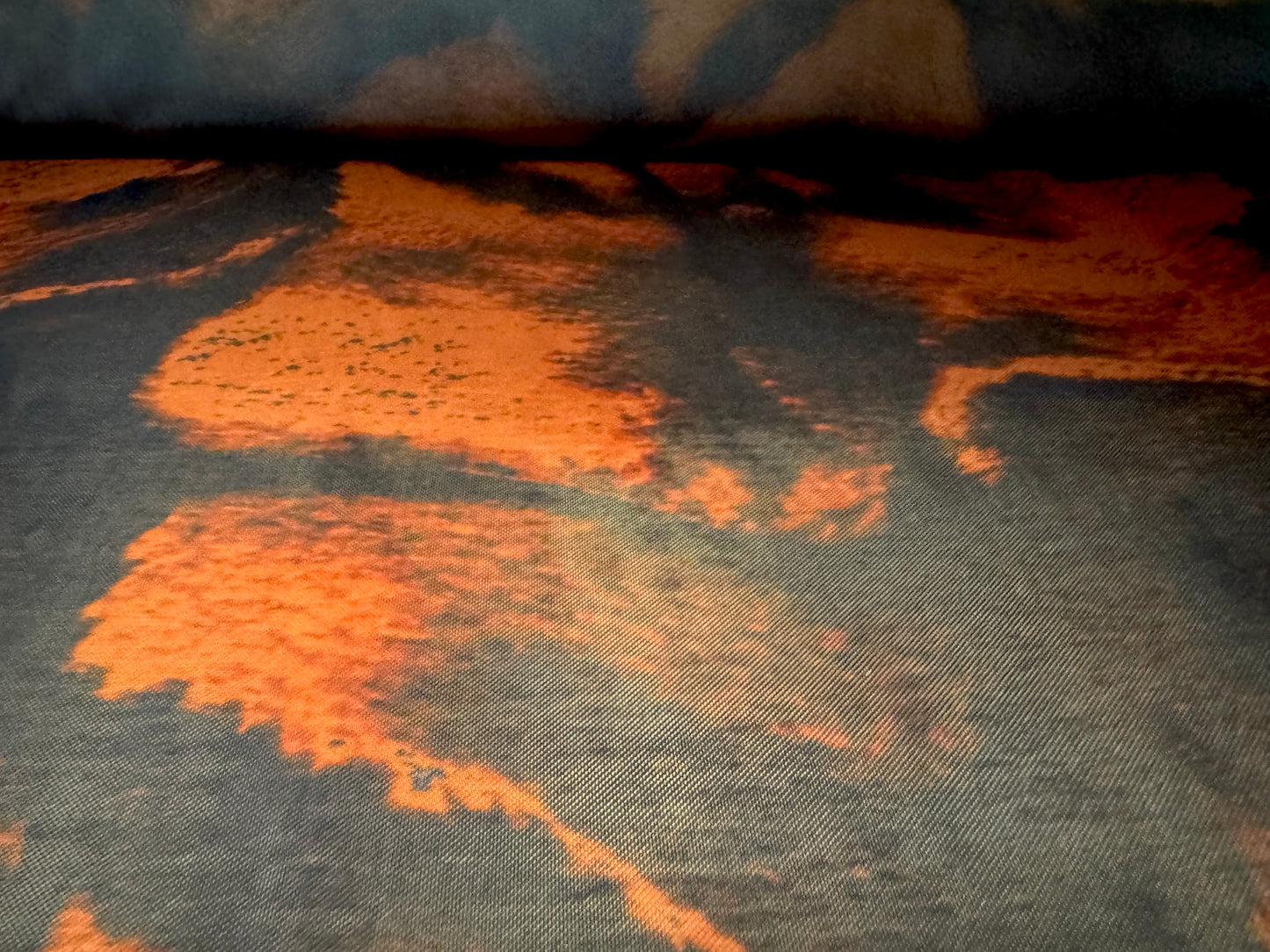 Power mesh net stretch spandex fabric, per metre - molten lava print - black & dark orange