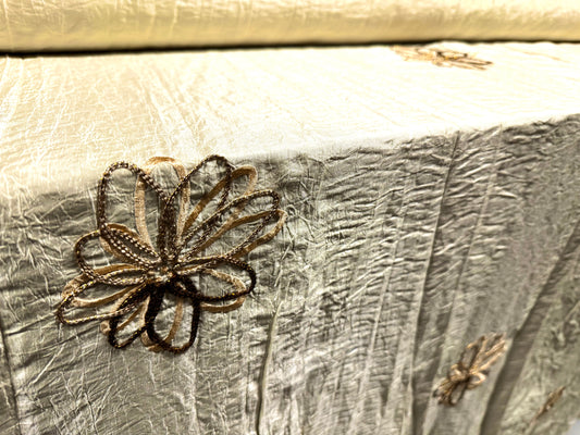 Taffeta faux silk fabric, per metre - metallic embroidered flowers - cream & gold